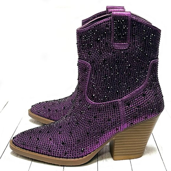 New Women Purple Rhinestone Blingy Cowboy Western Ankle Boots Booties - Picture 3 of 6